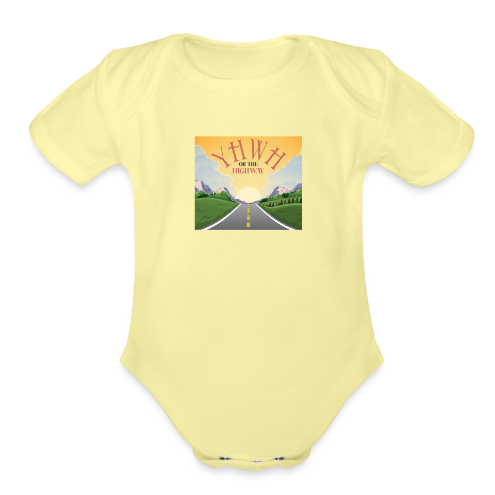 YHWH or the Highway - Organic Short Sleeve Baby Bodysuit - washed yellow