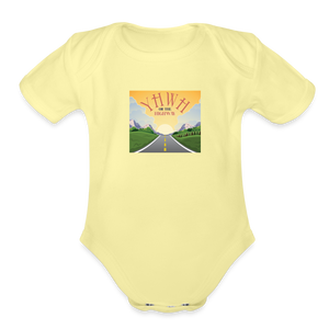 YHWH or the Highway - Organic Short Sleeve Baby Bodysuit - washed yellow