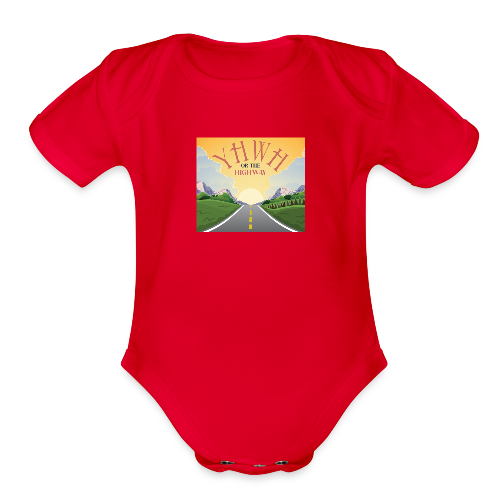 YHWH or the Highway - Organic Short Sleeve Baby Bodysuit - red