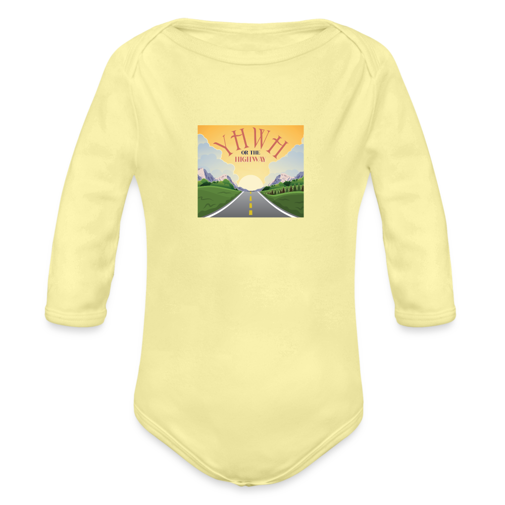 YHWH or the Highway - Organic Long Sleeve Baby Bodysuit - washed yellow