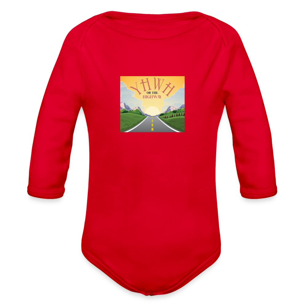 YHWH or the Highway - Organic Long Sleeve Baby Bodysuit - red