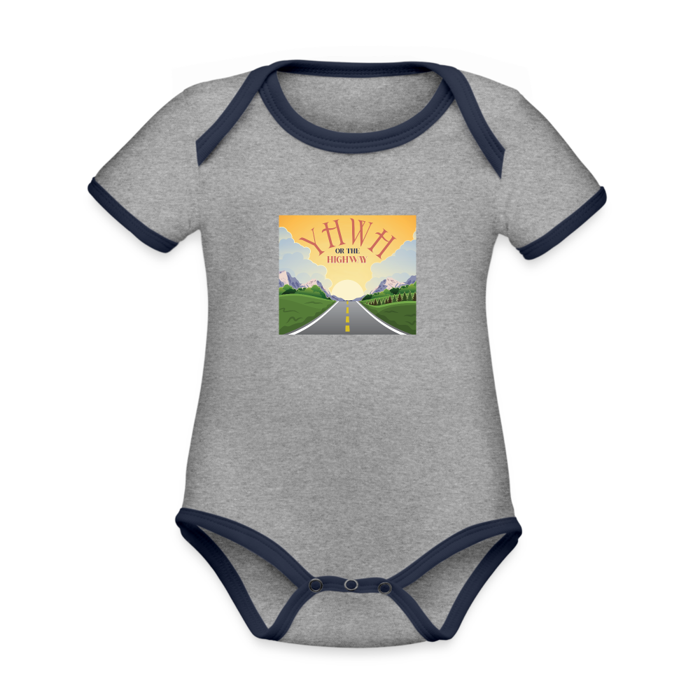 YHWH or the Highway - Organic Contrast Short Sleeve Baby Bodysuit - heather gray/navy