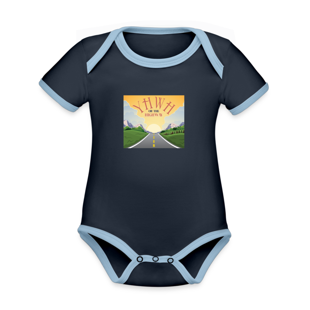 YHWH or the Highway - Organic Contrast Short Sleeve Baby Bodysuit - navy/sky