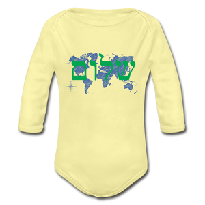 Peace on Earth - Organic Long Sleeve Baby Bodysuit - washed yellow