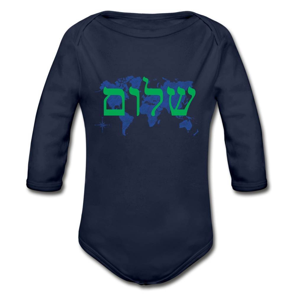 Peace on Earth - Organic Long Sleeve Baby Bodysuit - dark navy