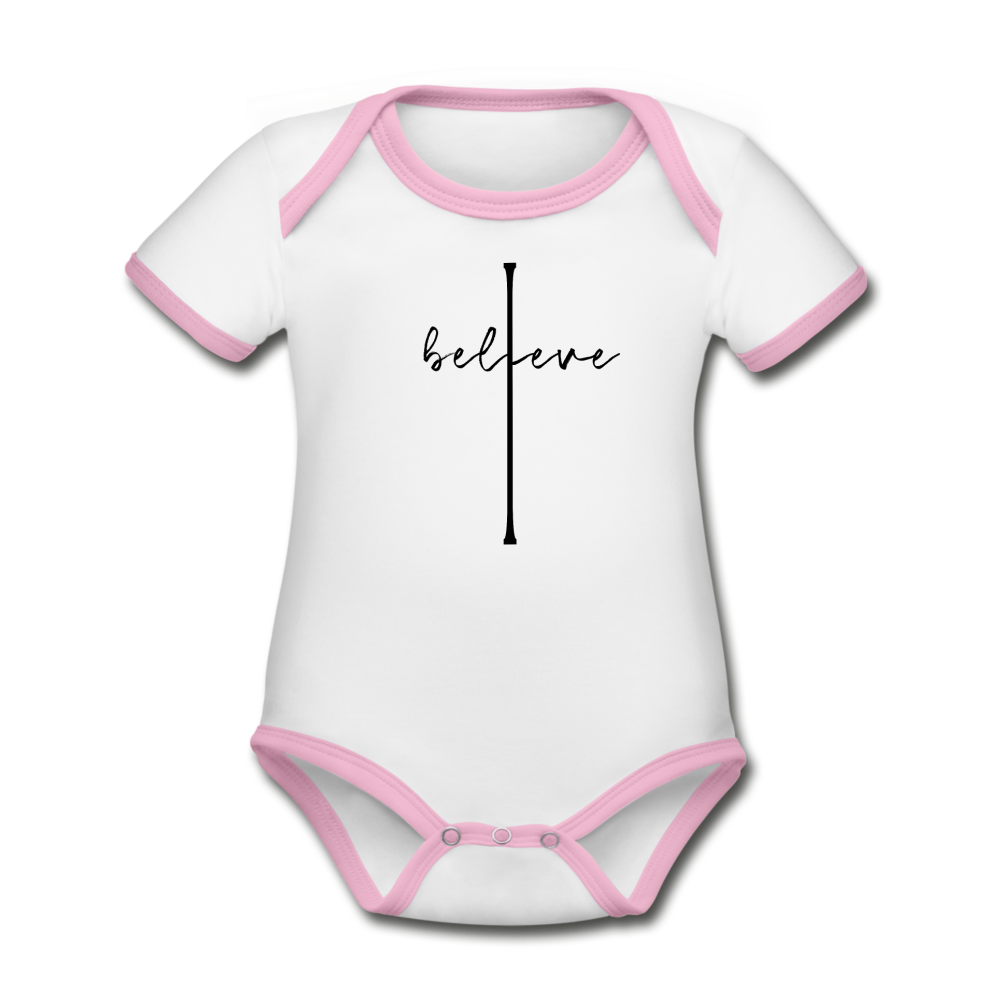 I Believe - Organic Contrast Short Sleeve Baby Bodysuit - white/pink