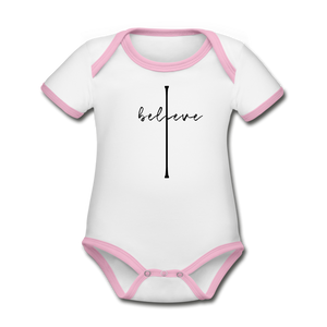 I Believe - Organic Contrast Short Sleeve Baby Bodysuit - white/pink