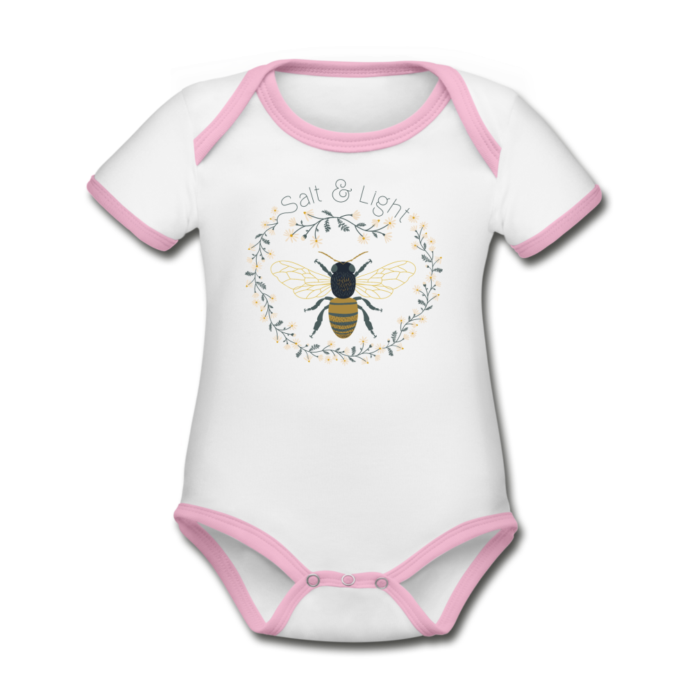 Bee Salt & Light - Organic Contrast Short Sleeve Baby Bodysuit - white/pink