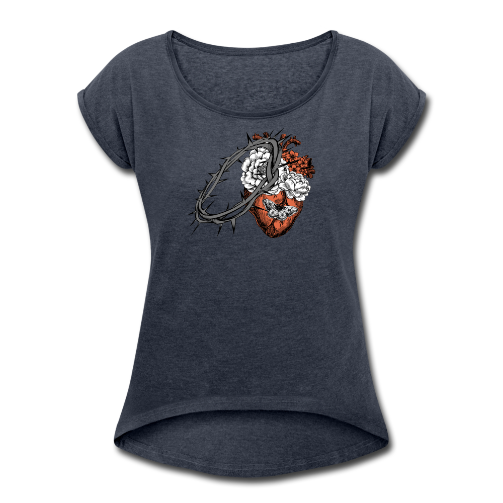 Heart for the Savior - Women's Roll Cuff T-Shirt - navy heather