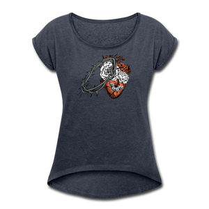 Heart for the Savior - Women's Roll Cuff T-Shirt - navy heather