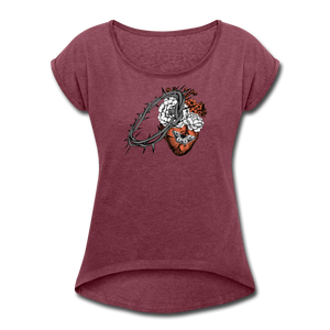 Heart for the Savior - Women's Roll Cuff T-Shirt - heather burgundy
