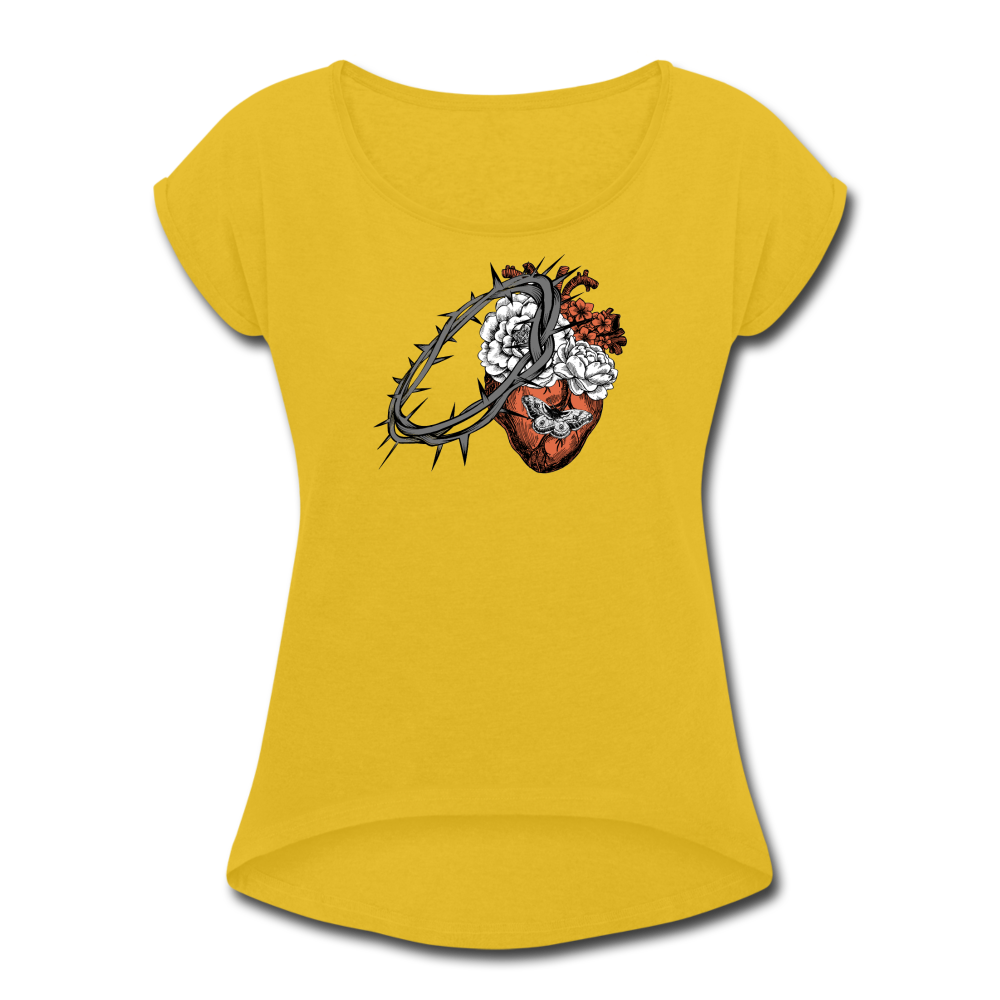 Heart for the Savior - Women's Roll Cuff T-Shirt - mustard yellow