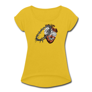 Heart for the Savior - Women's Roll Cuff T-Shirt - mustard yellow