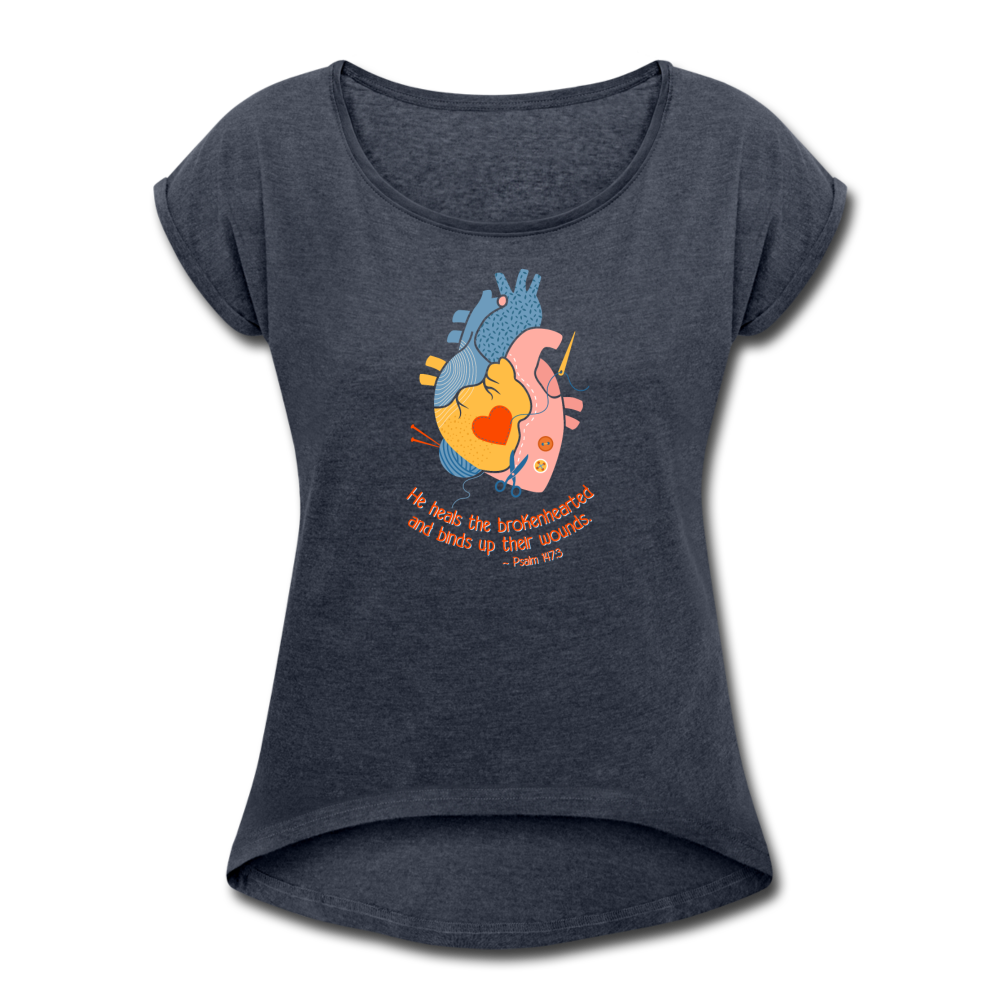 He Heals the Brokenhearted - Women's Roll Cuff T-Shirt - navy heather