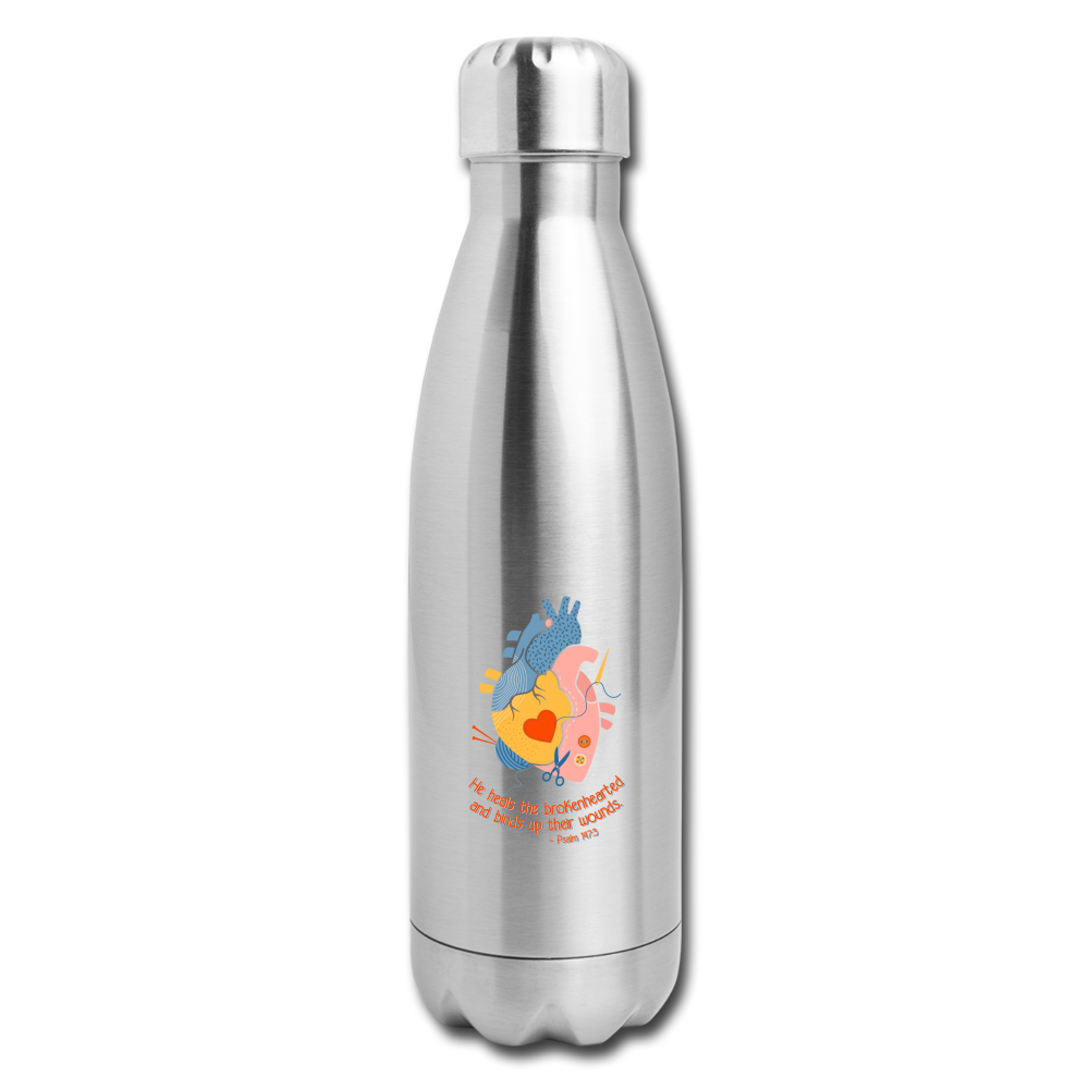 He Heals the Brokenhearted - Insulated Stainless Steel Water Bottle - silver