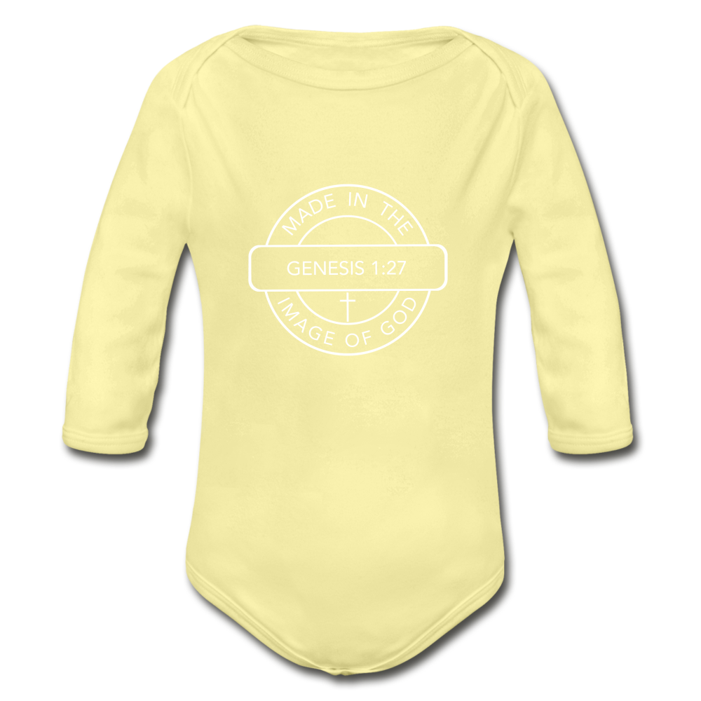 Made in the Image of God - Organic Long Sleeve Baby Bodysuit - washed yellow