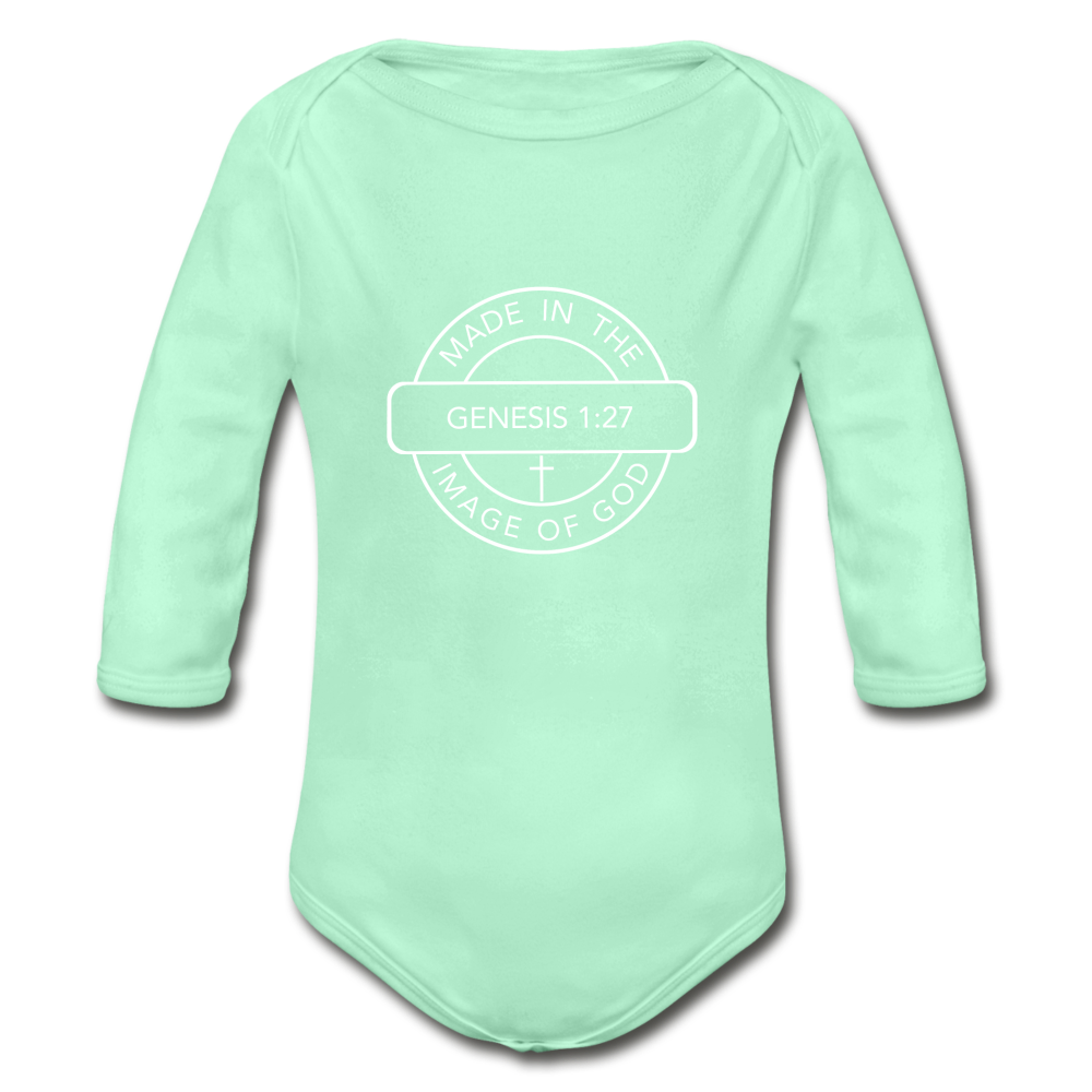 Made in the Image of God - Organic Long Sleeve Baby Bodysuit - light mint