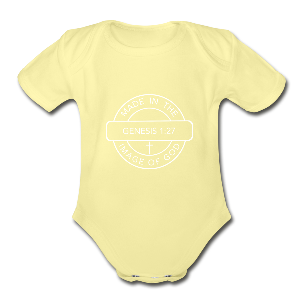 Made in the Image of God - Organic Short Sleeve Baby Bodysuit - washed yellow