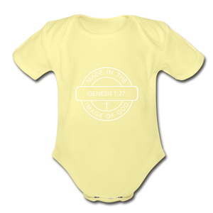 Made in the Image of God - Organic Short Sleeve Baby Bodysuit - washed yellow