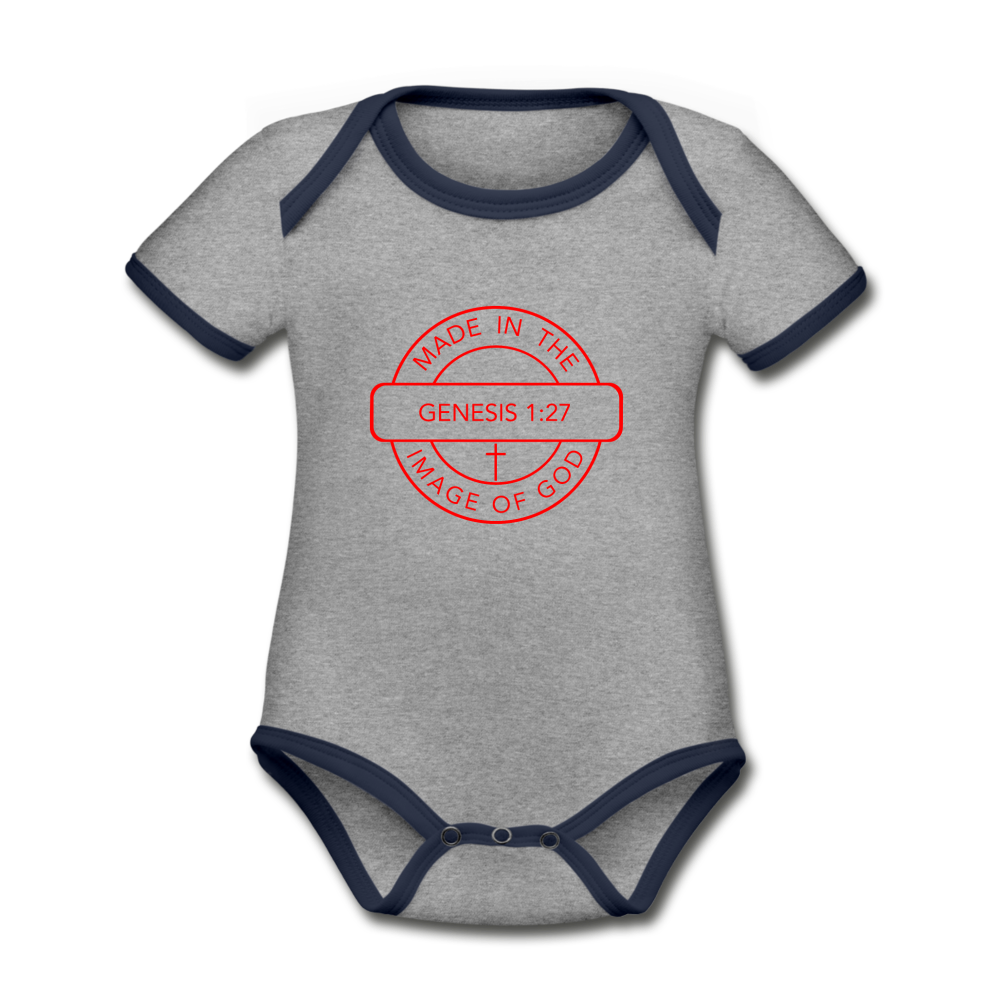 Made in the Image of God - Organic Contrast Short Sleeve Baby Bodysuit - heather gray/navy