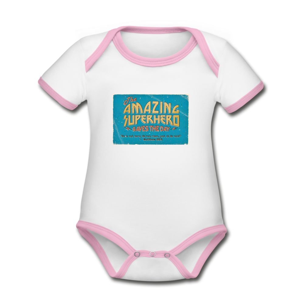 Amazing Superhero - Organic Contrast Short Sleeve Baby Bodysuit - white/pink
