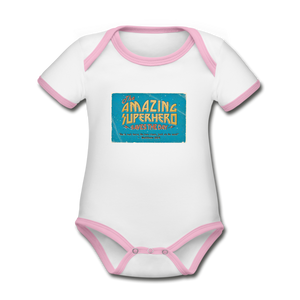 Amazing Superhero - Organic Contrast Short Sleeve Baby Bodysuit - white/pink