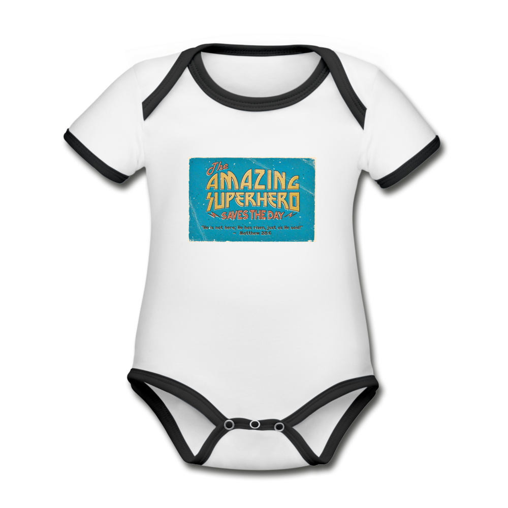 Amazing Superhero - Organic Contrast Short Sleeve Baby Bodysuit - white/black