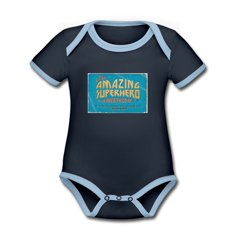 Amazing Superhero - Organic Contrast Short Sleeve Baby Bodysuit - navy/sky