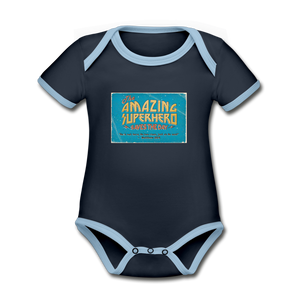 Amazing Superhero - Organic Contrast Short Sleeve Baby Bodysuit - navy/sky