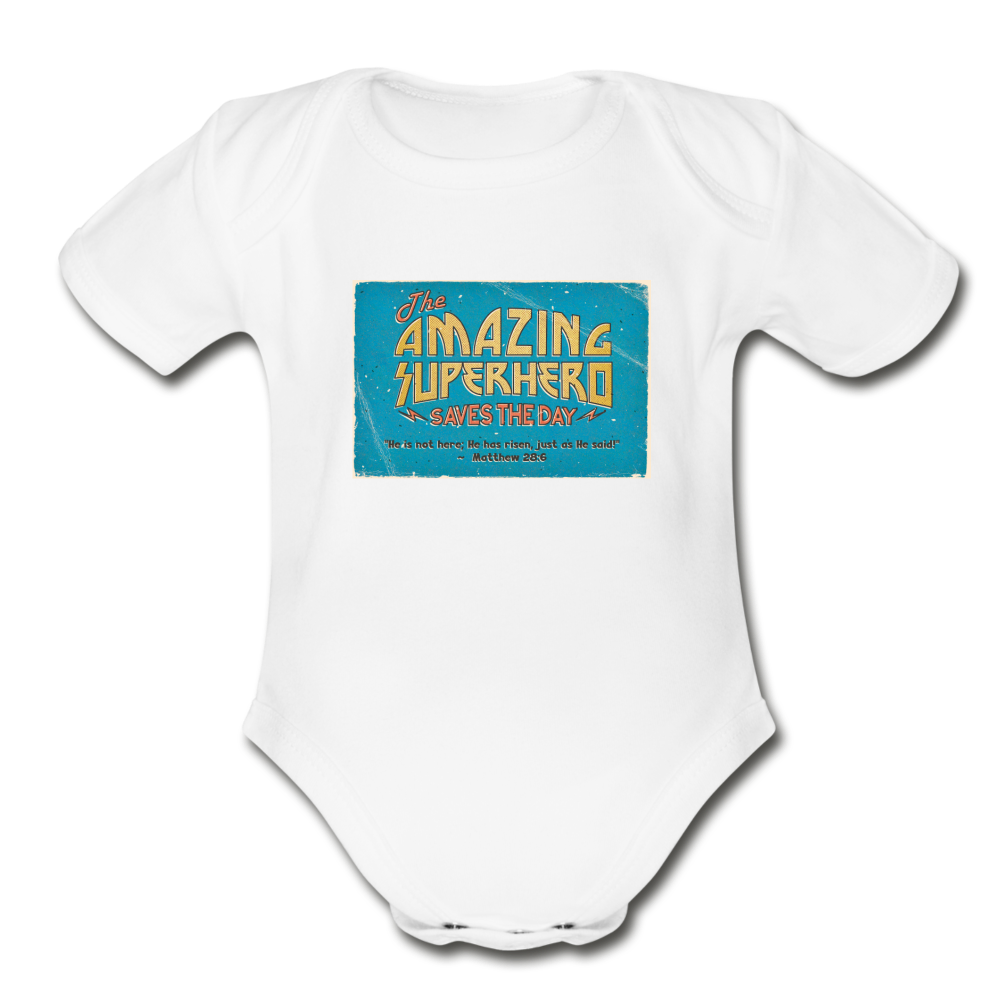 Amazing Superhero - Organic Short Sleeve Baby Bodysuit - white