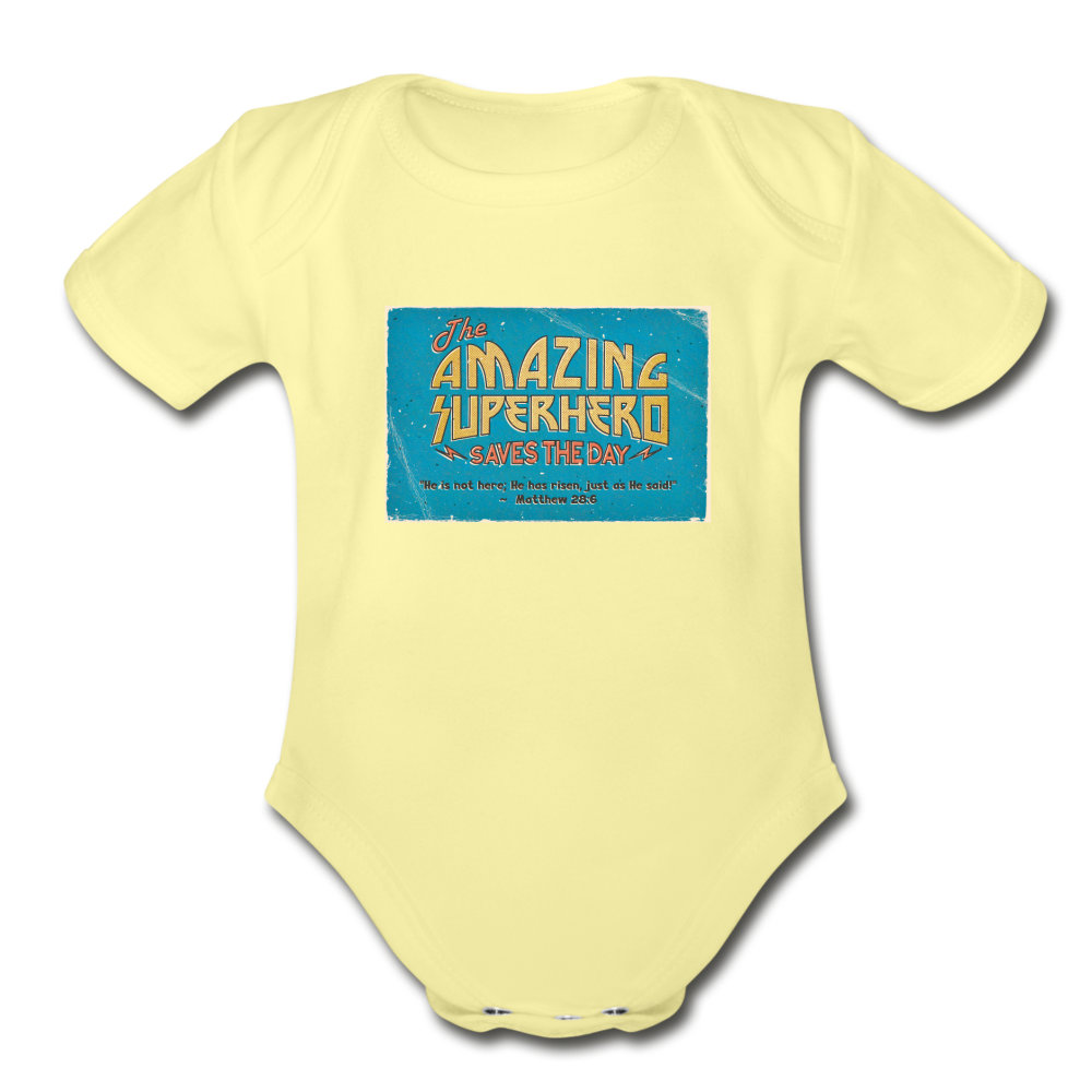 Amazing Superhero - Organic Short Sleeve Baby Bodysuit - washed yellow