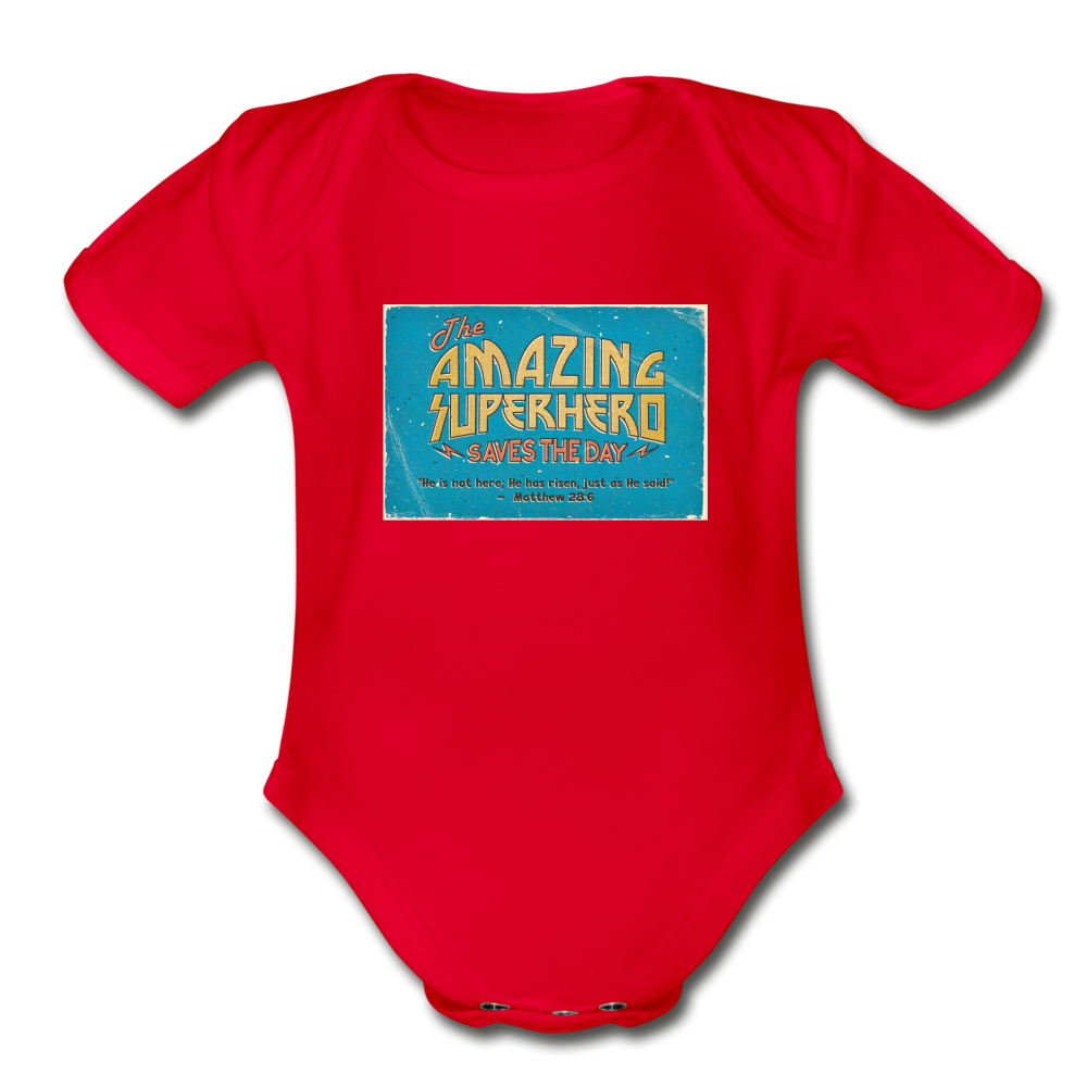 Amazing Superhero - Organic Short Sleeve Baby Bodysuit - red