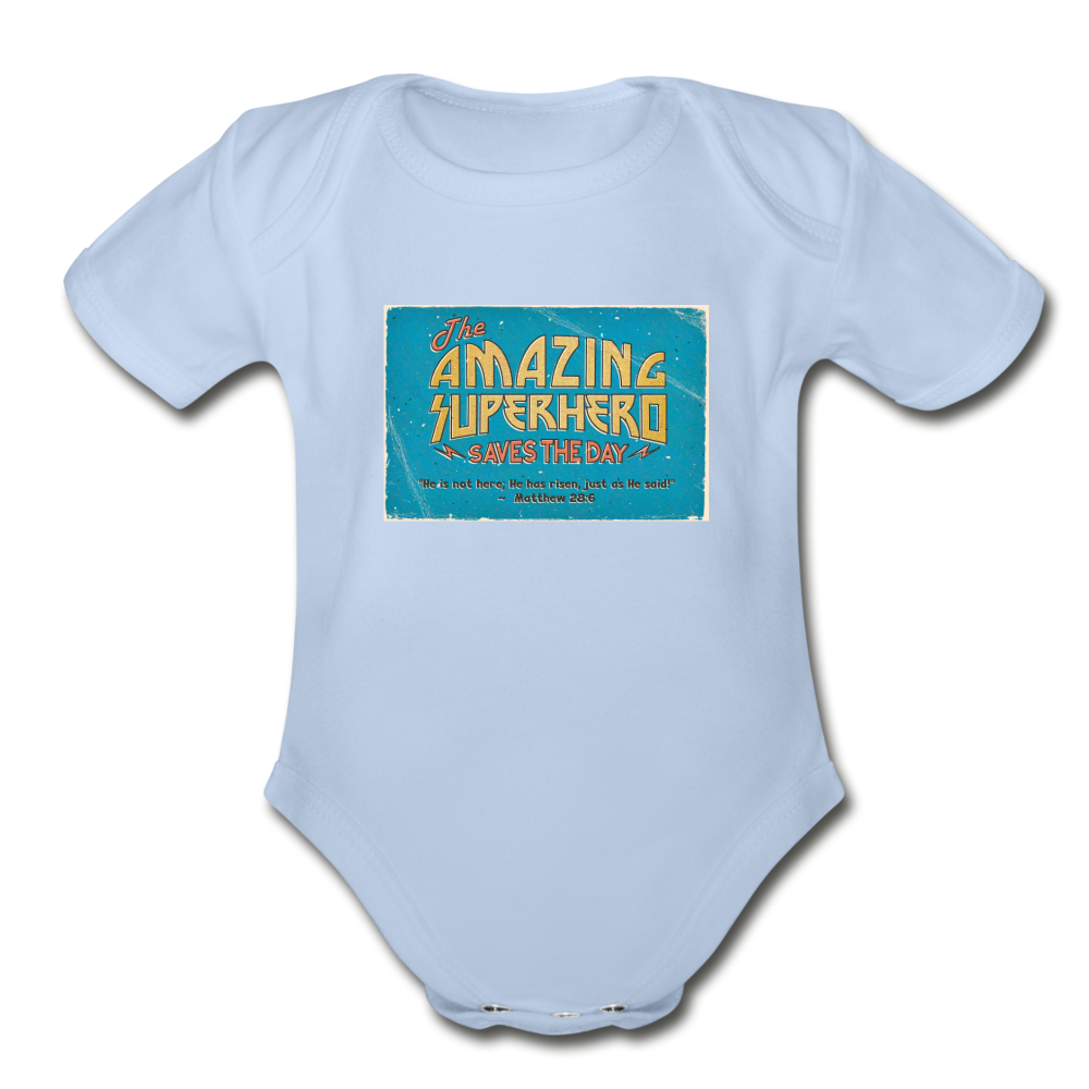 Amazing Superhero - Organic Short Sleeve Baby Bodysuit - sky