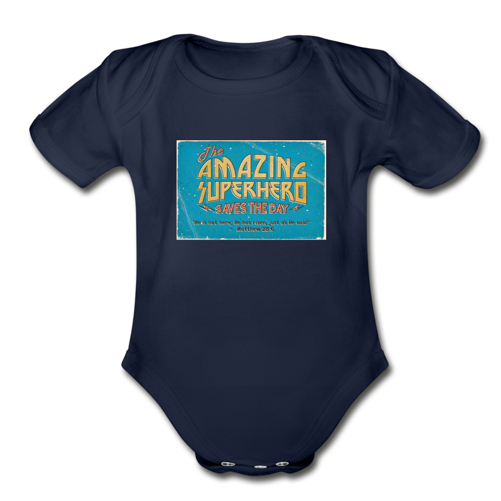 Amazing Superhero - Organic Short Sleeve Baby Bodysuit - dark navy