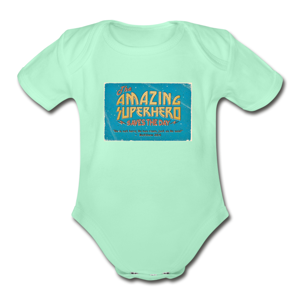 Amazing Superhero - Organic Short Sleeve Baby Bodysuit - light mint