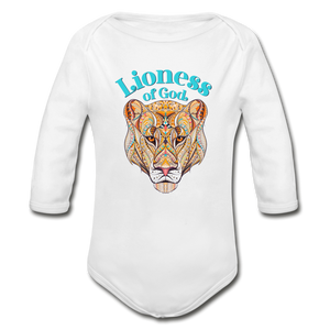Lioness of God - Organic Long Sleeve Baby Bodysuit - white