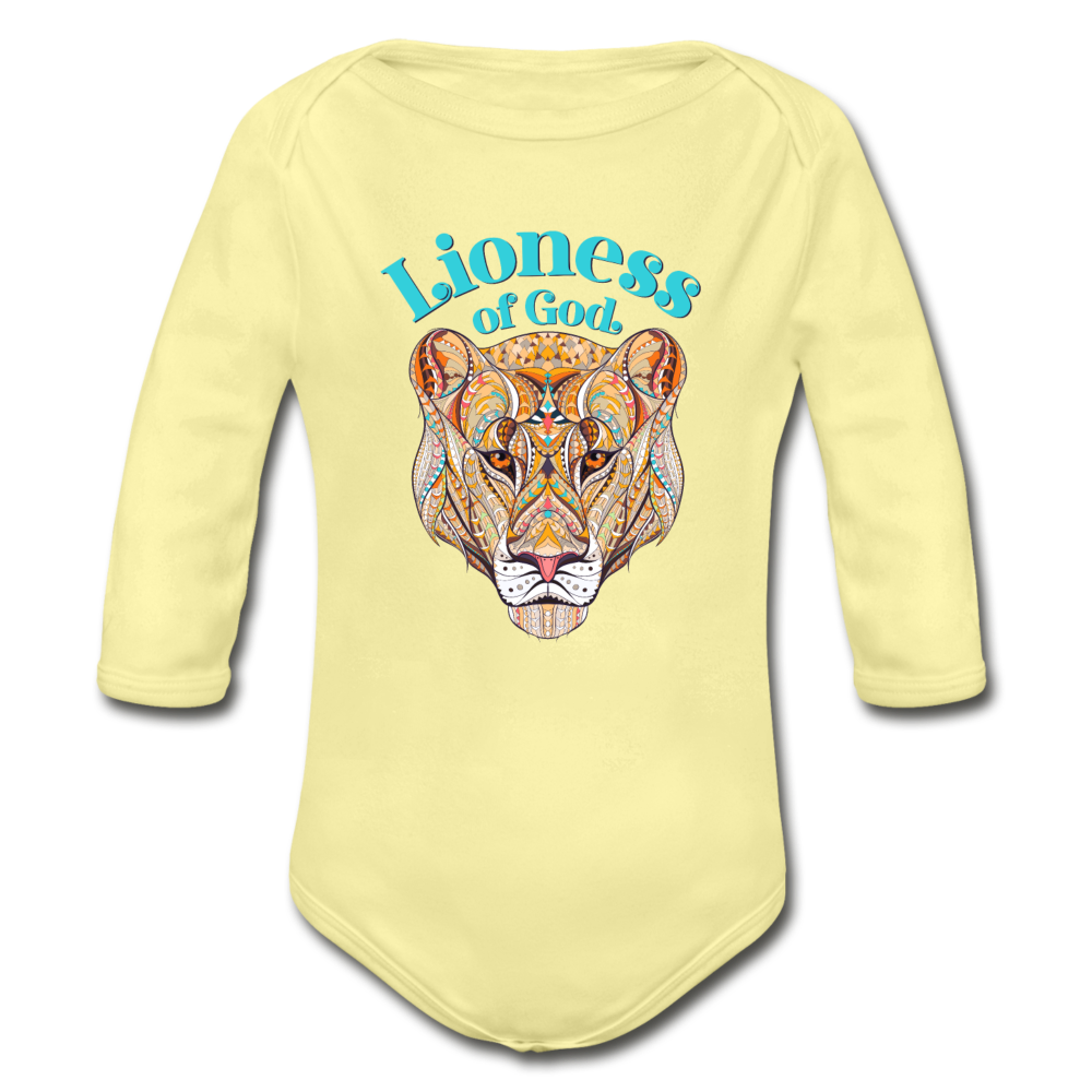 Lioness of God - Organic Long Sleeve Baby Bodysuit - washed yellow