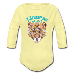 Lioness of God - Organic Long Sleeve Baby Bodysuit - washed yellow
