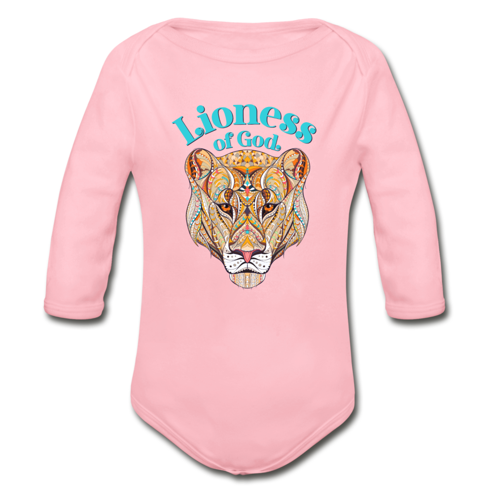 Lioness of God - Organic Long Sleeve Baby Bodysuit - light pink