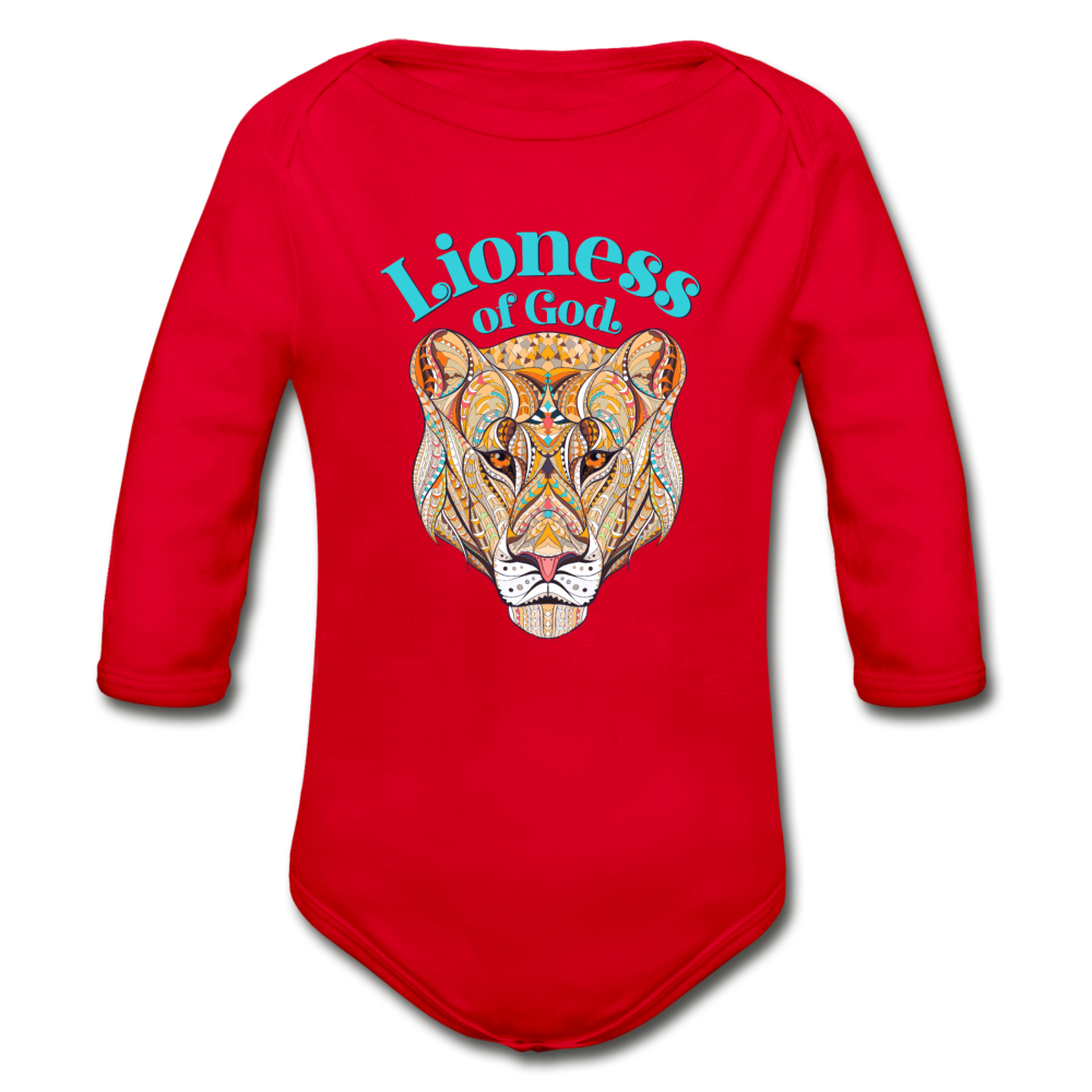 Lioness of God - Organic Long Sleeve Baby Bodysuit - red