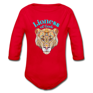Lioness of God - Organic Long Sleeve Baby Bodysuit - red