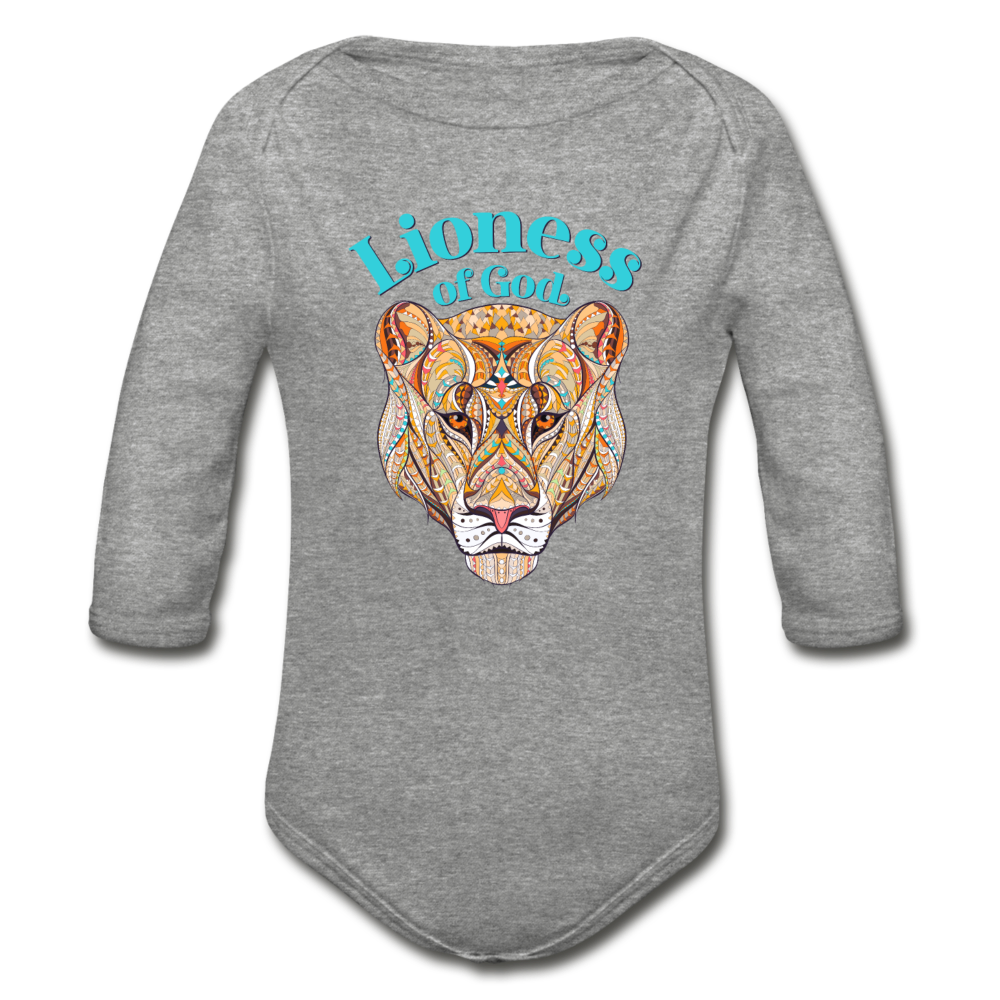 Lioness of God - Organic Long Sleeve Baby Bodysuit - heather gray