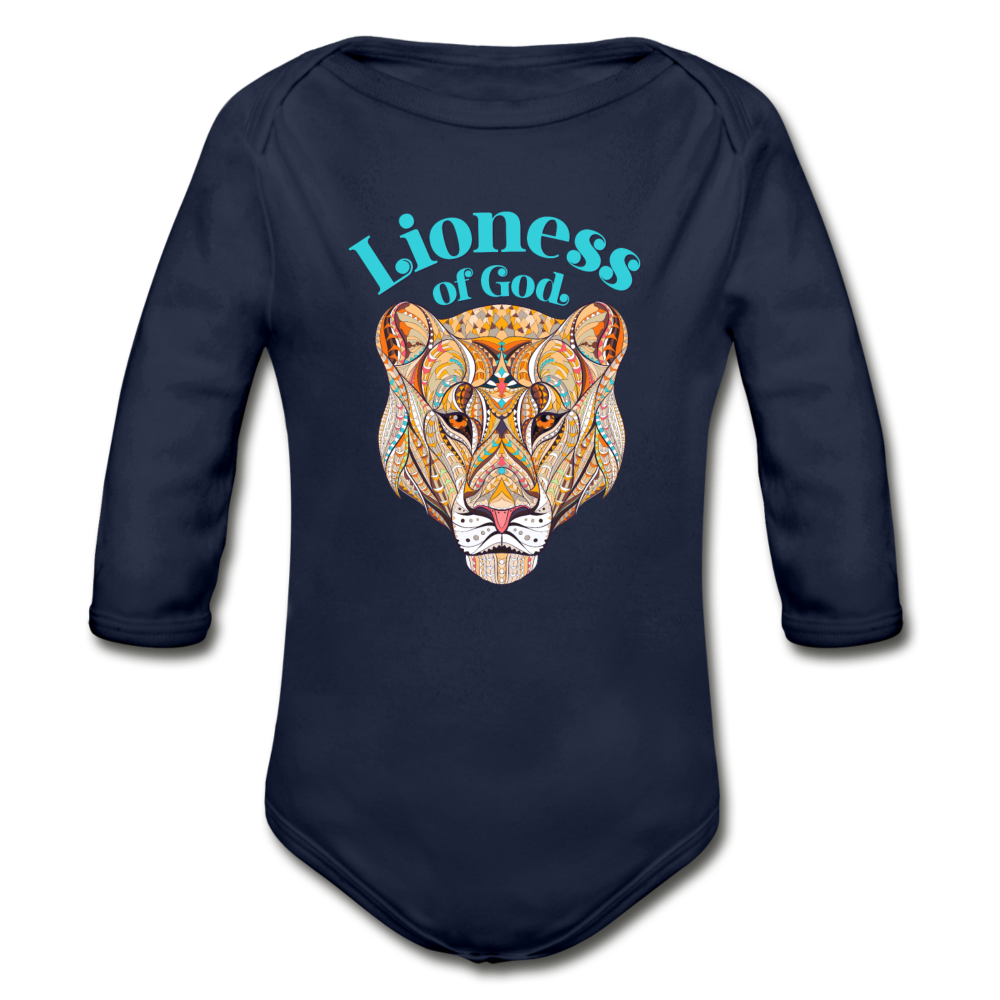 Lioness of God - Organic Long Sleeve Baby Bodysuit - dark navy