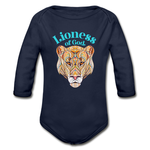 Lioness of God - Organic Long Sleeve Baby Bodysuit - dark navy