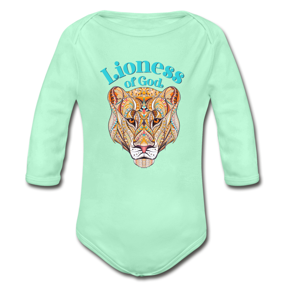 Lioness of God - Organic Long Sleeve Baby Bodysuit - light mint
