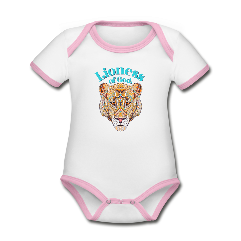 Lioness of God - Organic Contrast Short Sleeve Baby Bodysuit - white/pink