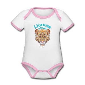 Lioness of God - Organic Contrast Short Sleeve Baby Bodysuit - white/pink