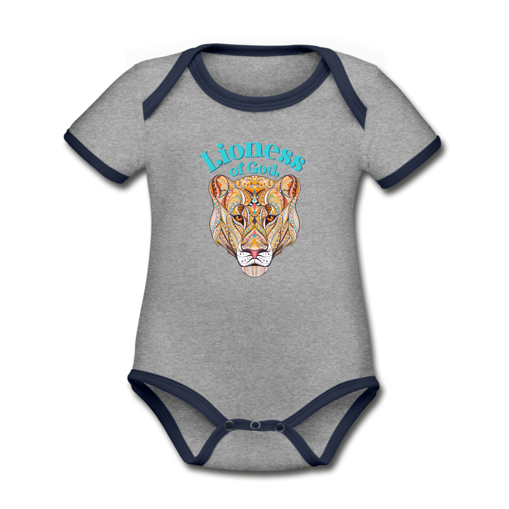 Lioness of God - Organic Contrast Short Sleeve Baby Bodysuit - heather gray/navy