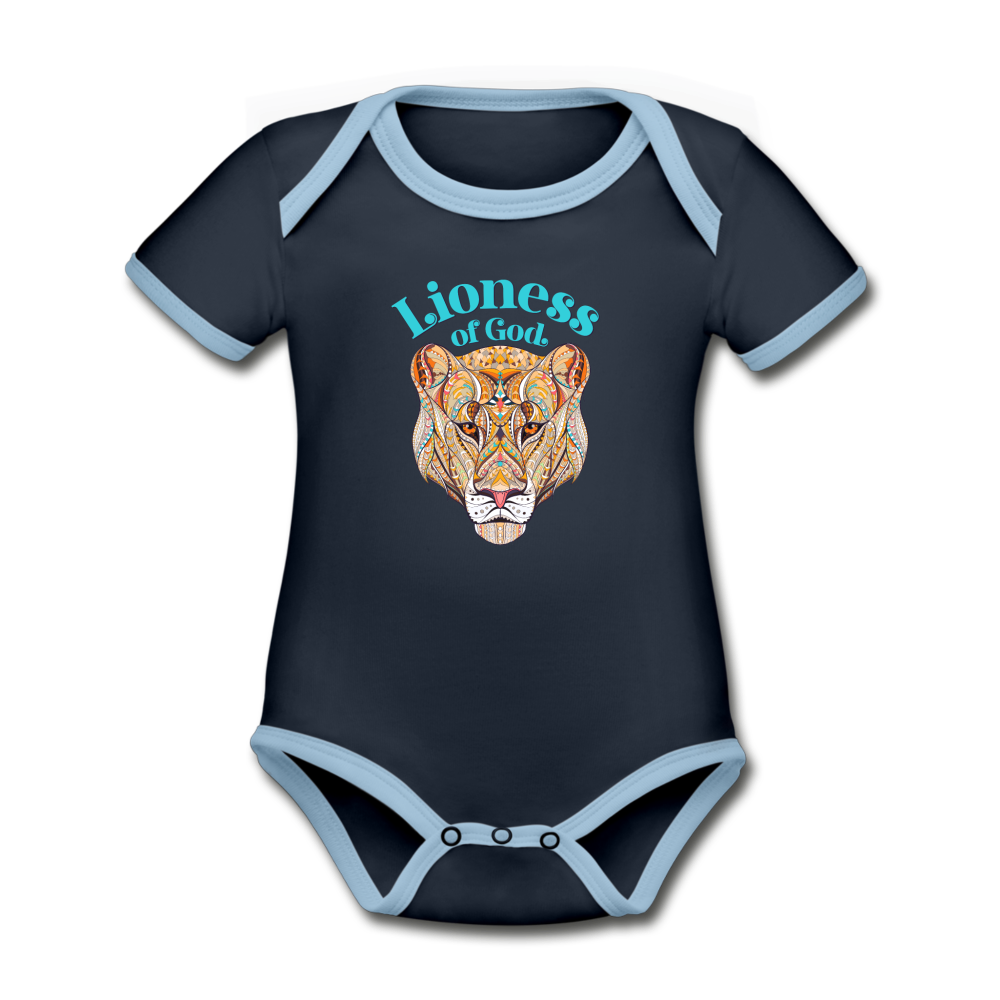 Lioness of God - Organic Contrast Short Sleeve Baby Bodysuit - navy/sky