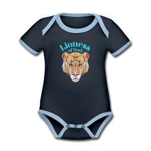 Lioness of God - Organic Contrast Short Sleeve Baby Bodysuit - navy/sky